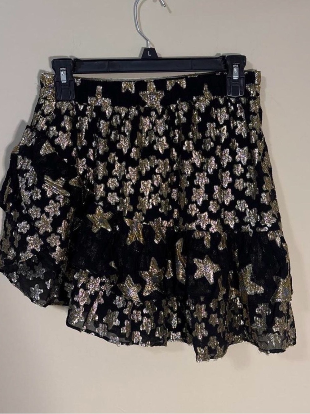 LoveShackFancy Black Mini Skirt with Gold & Silver Star Motif